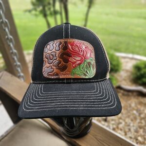 McIntire Saddlery Women's Tokled Leopard Rose Leather Patch Hat Cap Adjustable